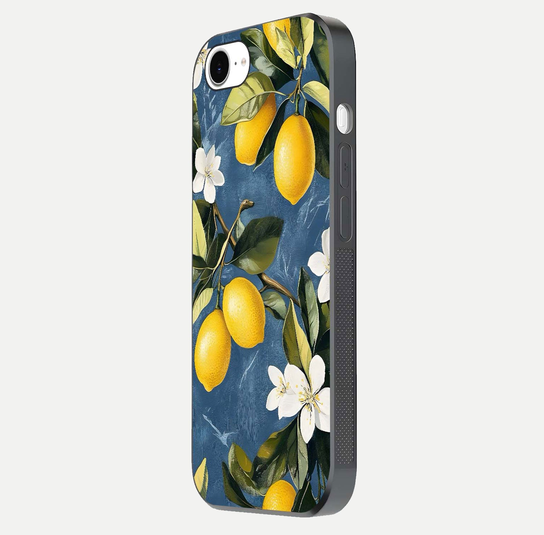 Lemon Dream Garden Glass Case for iPhone 16e side-angle image showing reflection clarity and artistic fruit design
