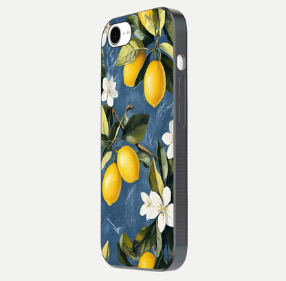 Lemon Dream Garden Glass Case for iPhone 16e side-angle image showing reflection clarity and artistic fruit design