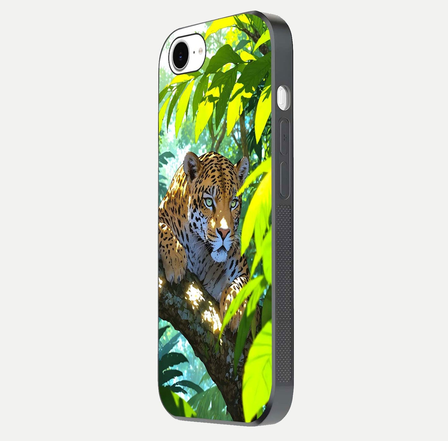 Leopard in Jungle Glass Case for iPhone 16e side-angle shot emphasizing contrast and fierce design clarity