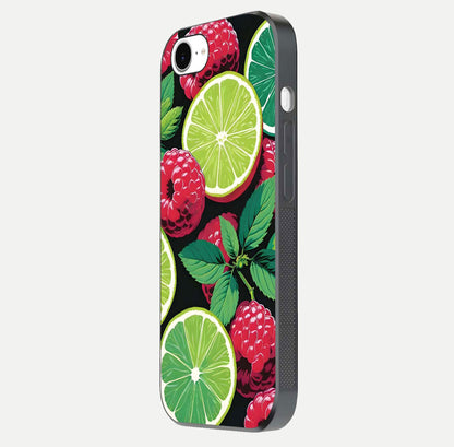 Lime and Raspberry Pattern Glass Case for iPhone 16e side-angle view revealing colorful fruit artwork details