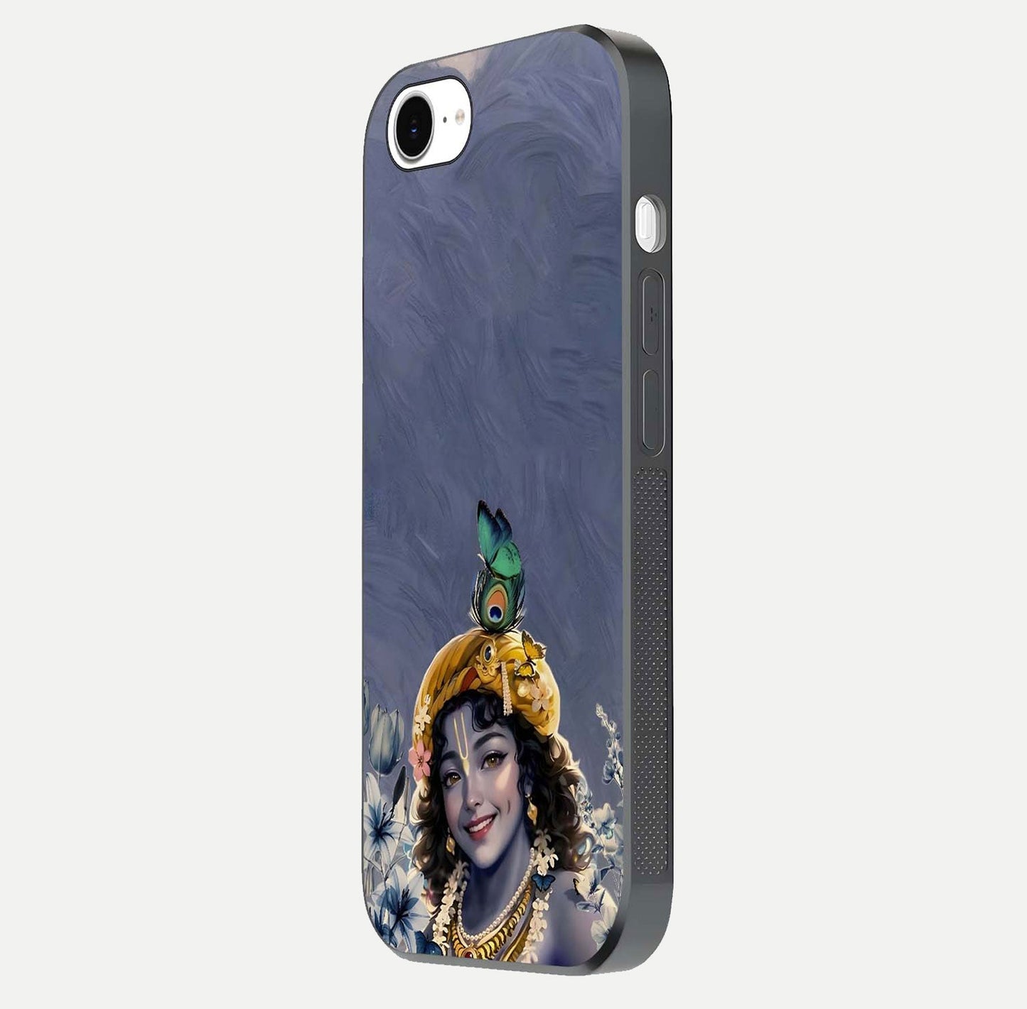 Lord Krishna Glass Case for iPhone 16e side-angle image emphasizing premium reflection and sacred motif