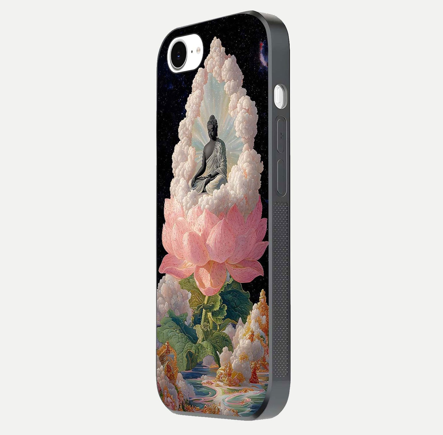 Lotus Divine Peace Glass Case for iPhone 16e side-angle shot showing elegant shine and floral symmetry