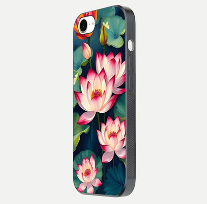 Lotus Dream Serenity Glass Case for iPhone 16e side-angle image revealing reflection clarity and calm tones