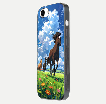 Majestic Horses Galloping Glass Case for iPhone 16e side-angle shot emphasizing reflection and running artwork