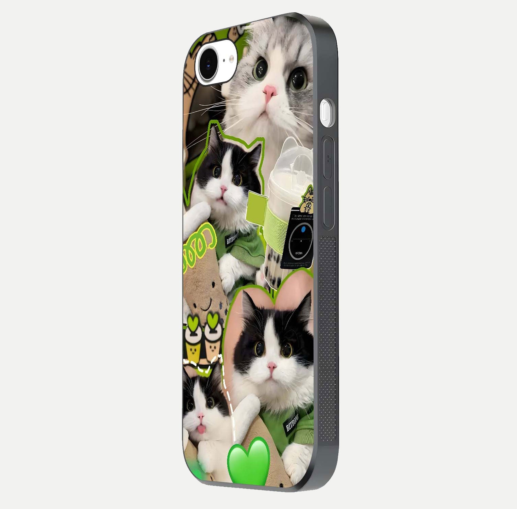 Matcha Cats Mood Glass Case for iPhone 16e side-angle image showing shine clarity and cat pattern charm