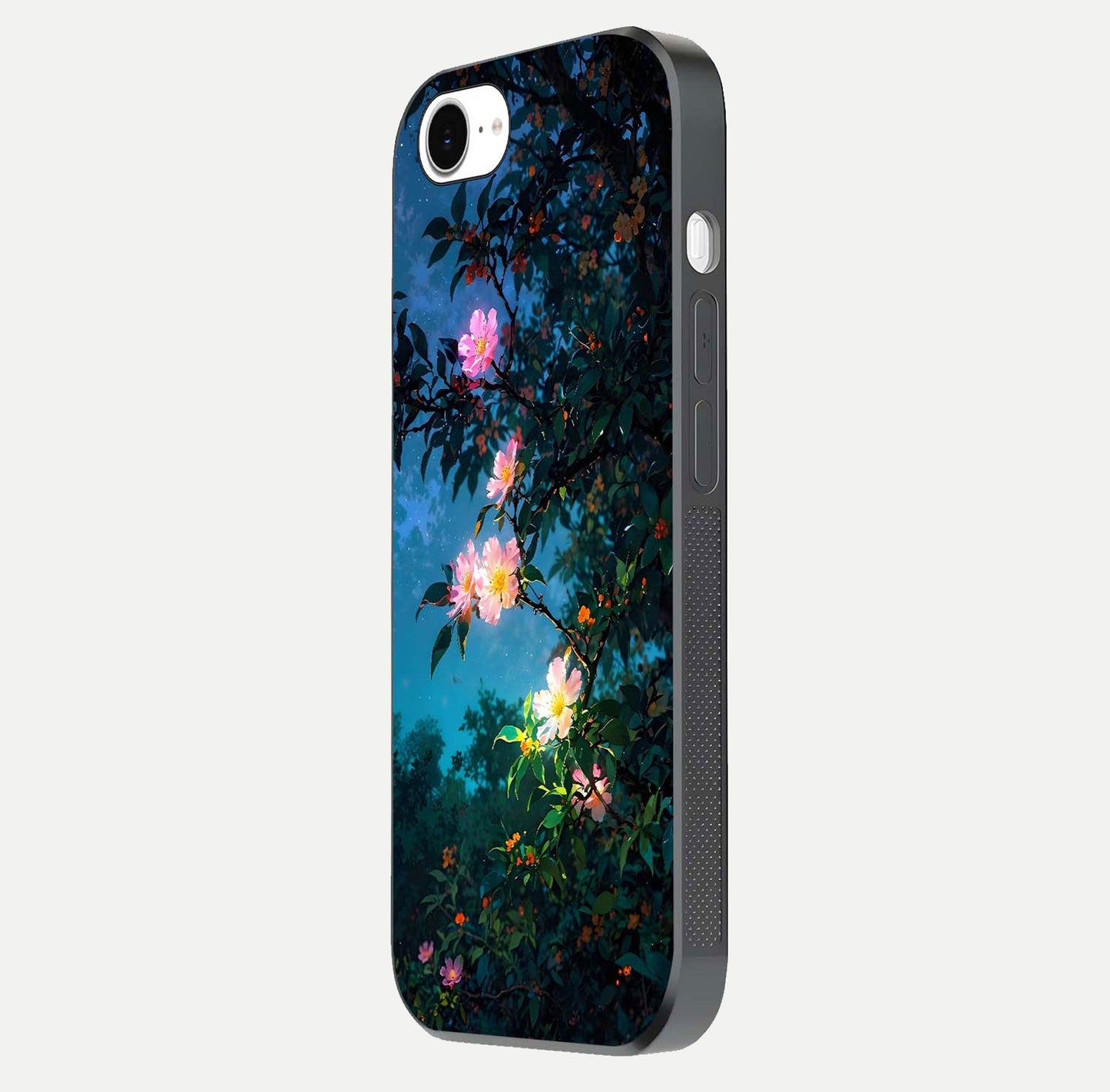 Midnight Bloom Glow Glass Case for iPhone 16e side-angle image revealing reflection and deep midnight hues