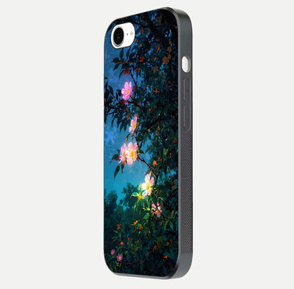 Midnight Bloom Glow Glass Case for iPhone 16e side-angle image revealing reflection and deep midnight hues