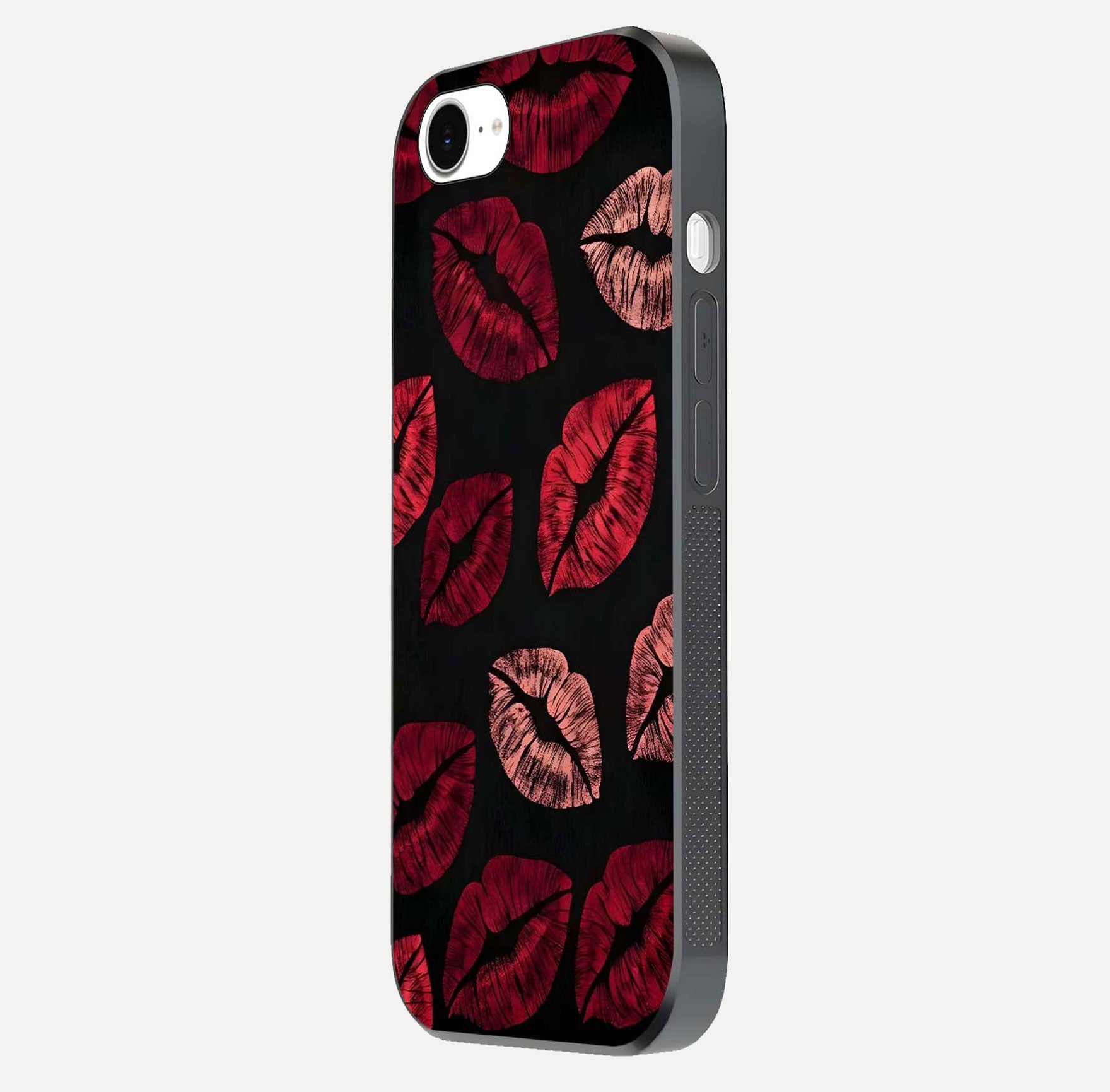 Midnight Kiss Love Glass Case for iPhone 16e side-angle image revealing gloss texture and deep love motif