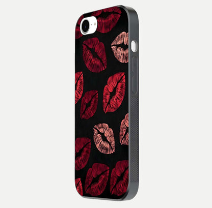 Midnight Kiss Love Glass Case for iPhone 16e side-angle image revealing gloss texture and deep love motif