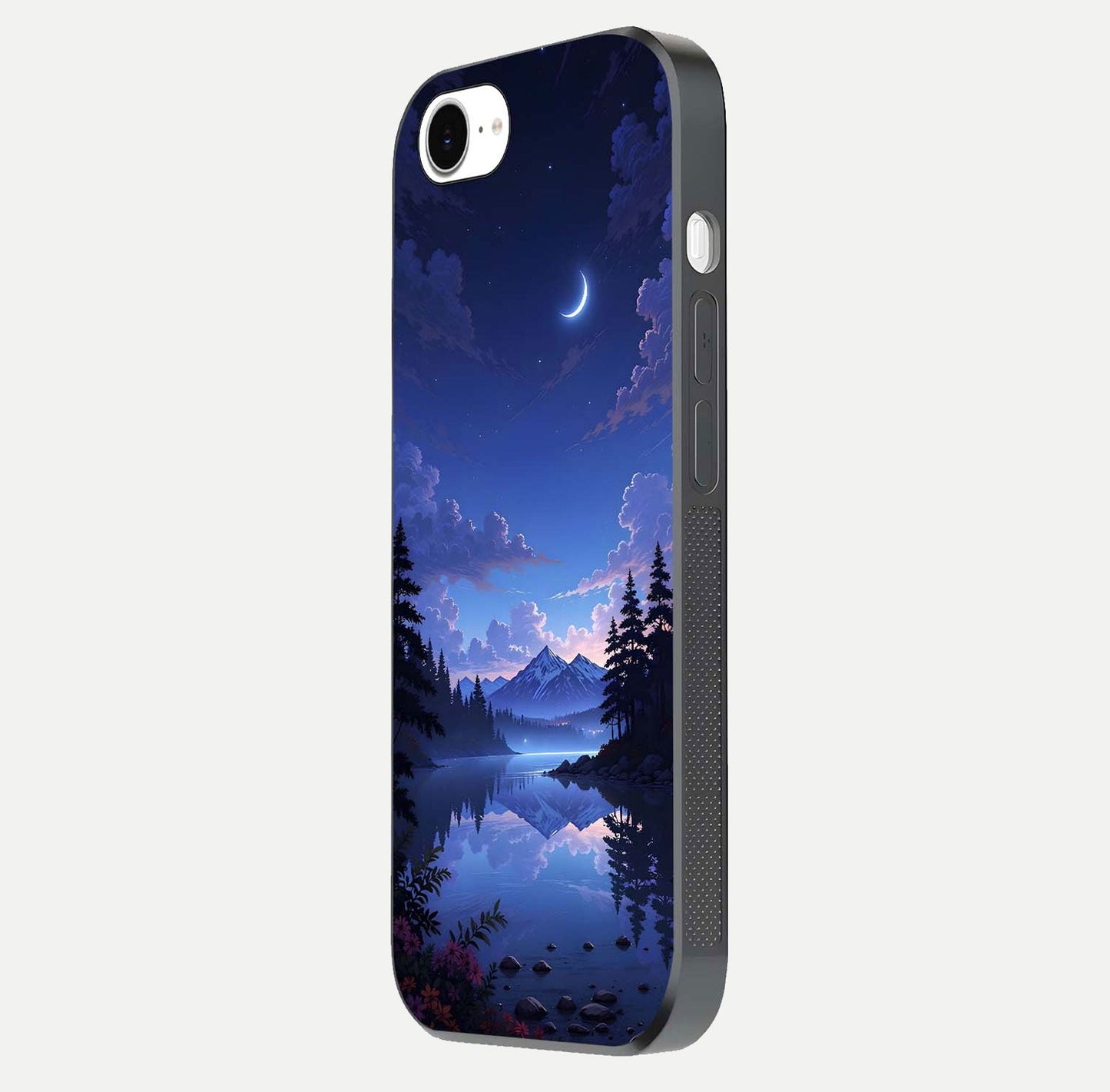 Midnight Lake Peace Glass Case for iPhone 16e side-angle image showing HD shine and tranquil color tones