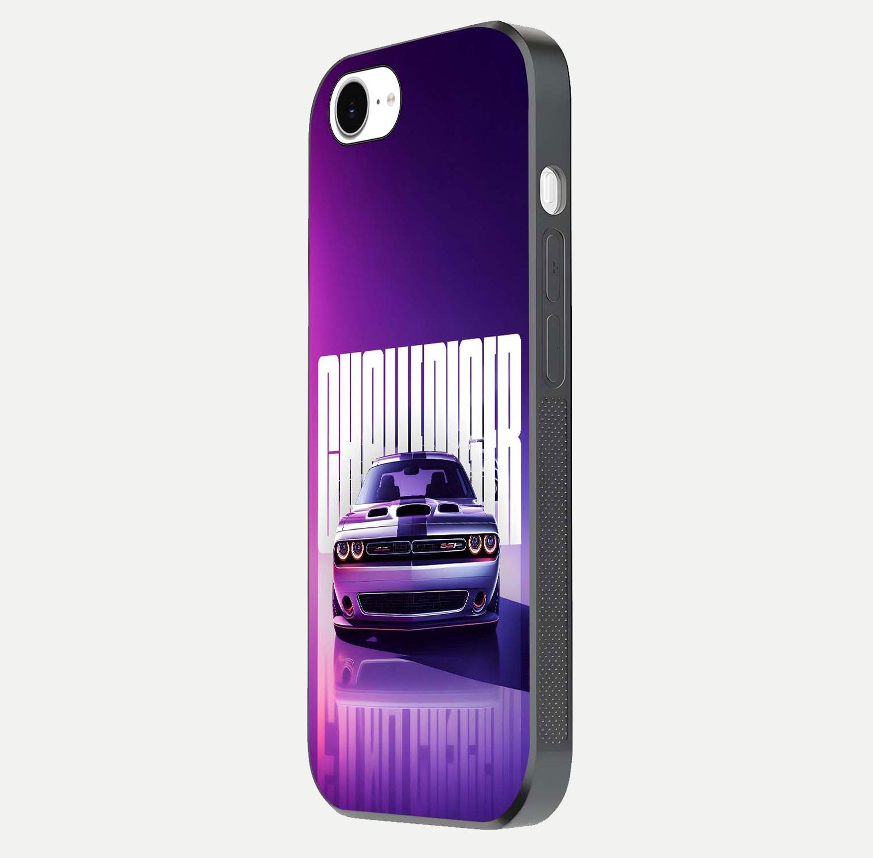 Midnight Muscle Ride Glass Case for iPhone 16e side-angle image showing reflection clarity and bold design