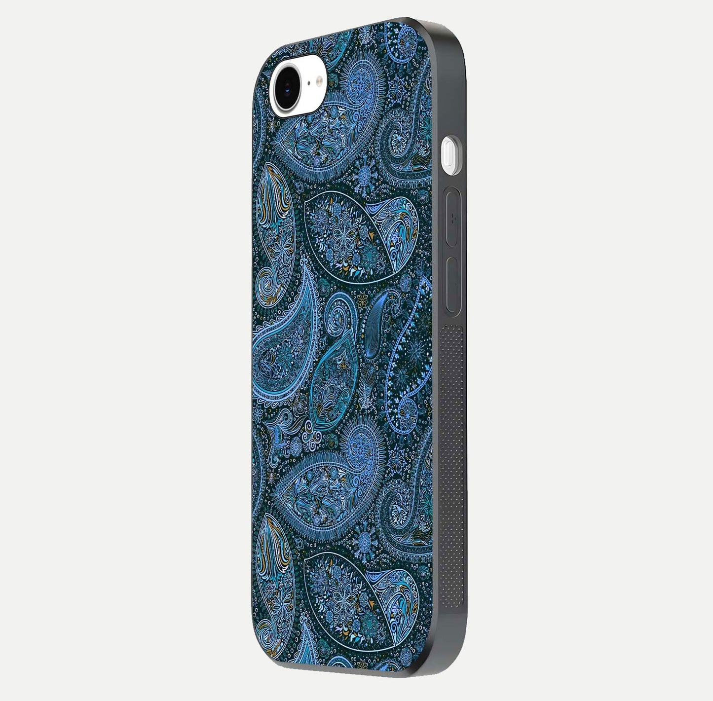 Midnight Paisley Glow Glass Case for iPhone 16e side-angle image revealing reflective gloss and paisley art