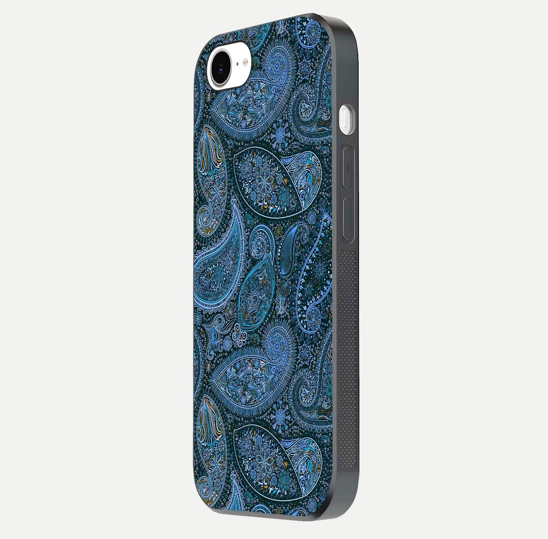 Midnight Paisley Glow Glass Case for iPhone 16e side-angle image revealing reflective gloss and paisley art