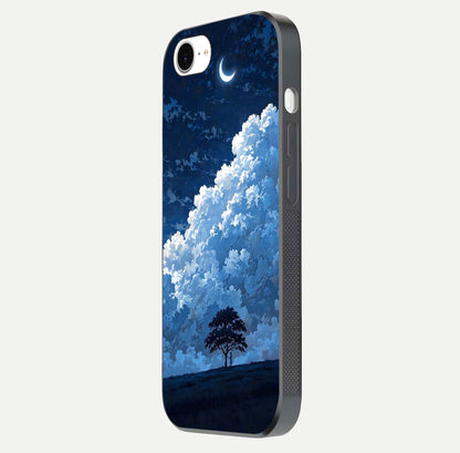 Midnight Sky Serenity Glass Case for iPhone 16e side-angle image showing soft glow and smooth reflection