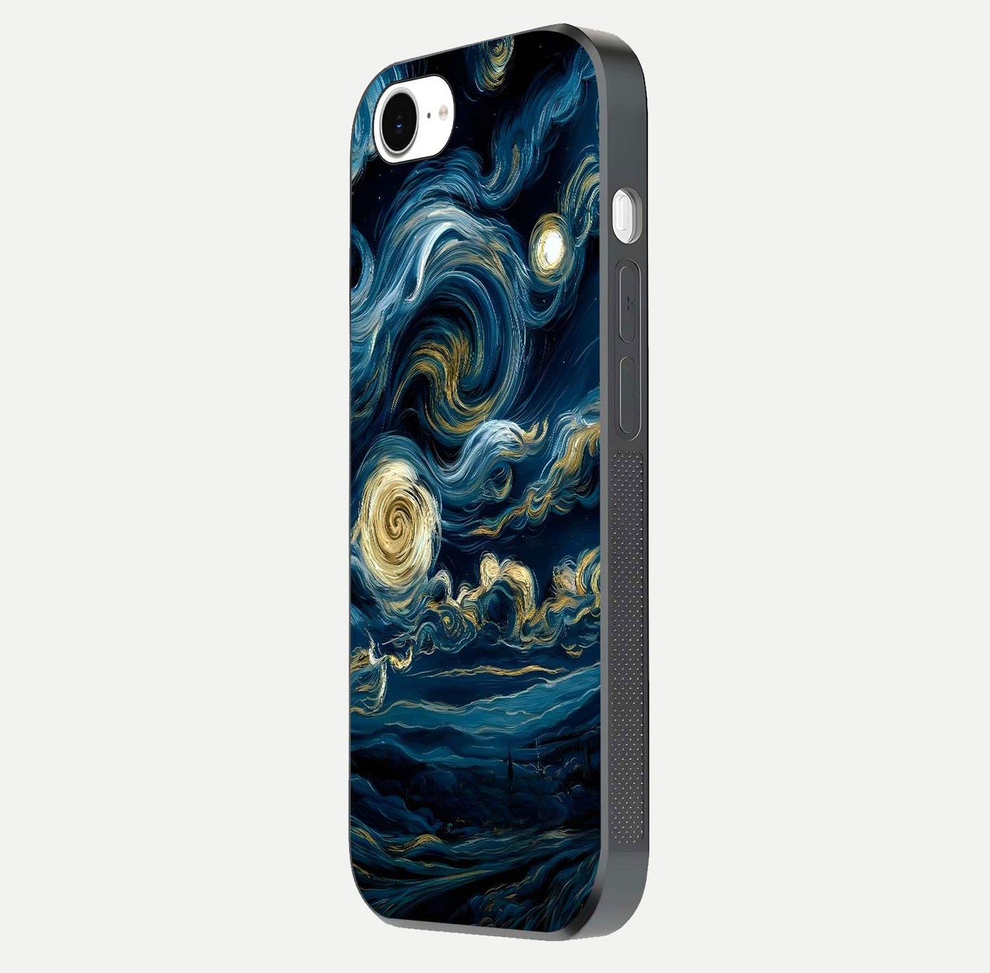 Midnight Sky Whirl Glass Case for iPhone 16e side-angle image showing reflection depth and galaxy pattern