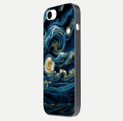 Midnight Sky Whirl Glass Case for iPhone 16e side-angle image showing reflection depth and galaxy pattern