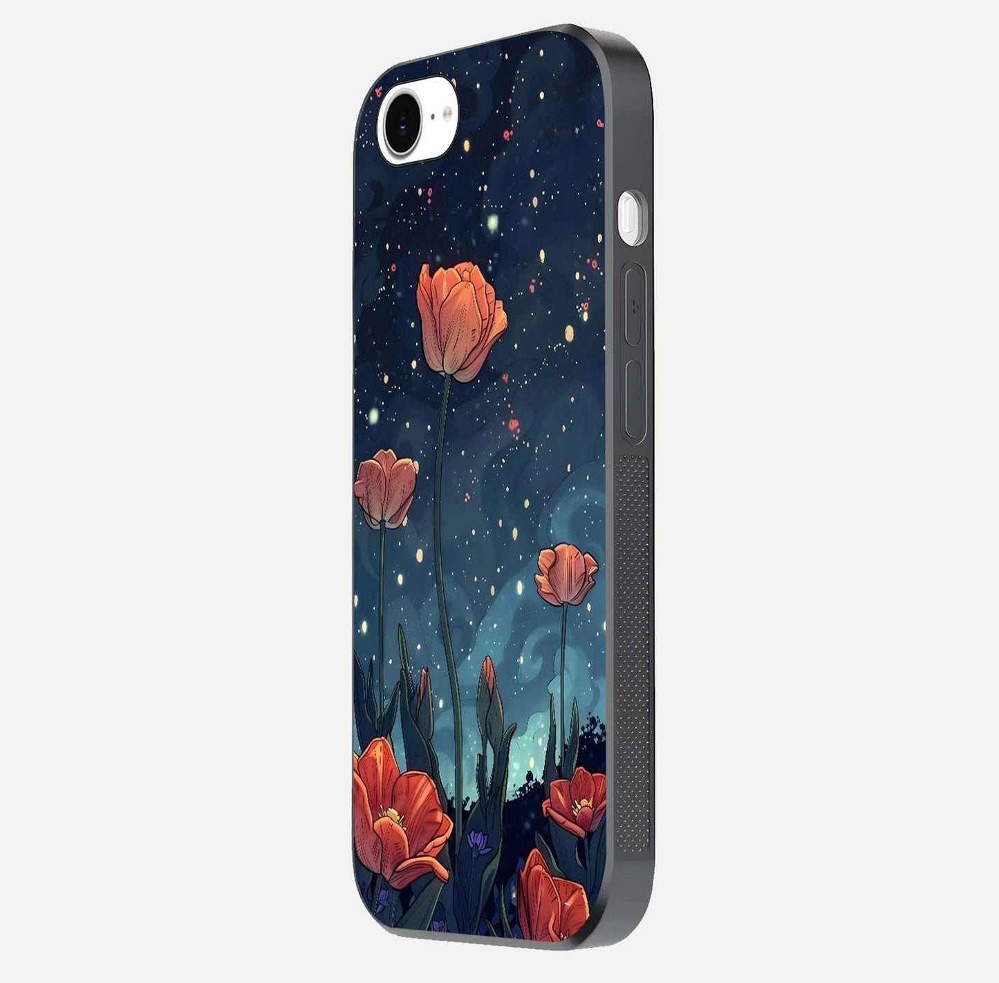 Midnight Tulip Glow Glass Case for iPhone 16e side-angle image showing shine depth and flower artwork