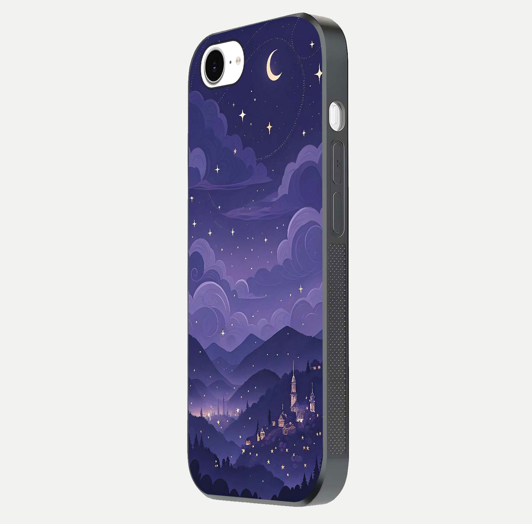 Minimal Night View Glass Case for iPhone 16e side-angle image showing subtle reflection and urban design