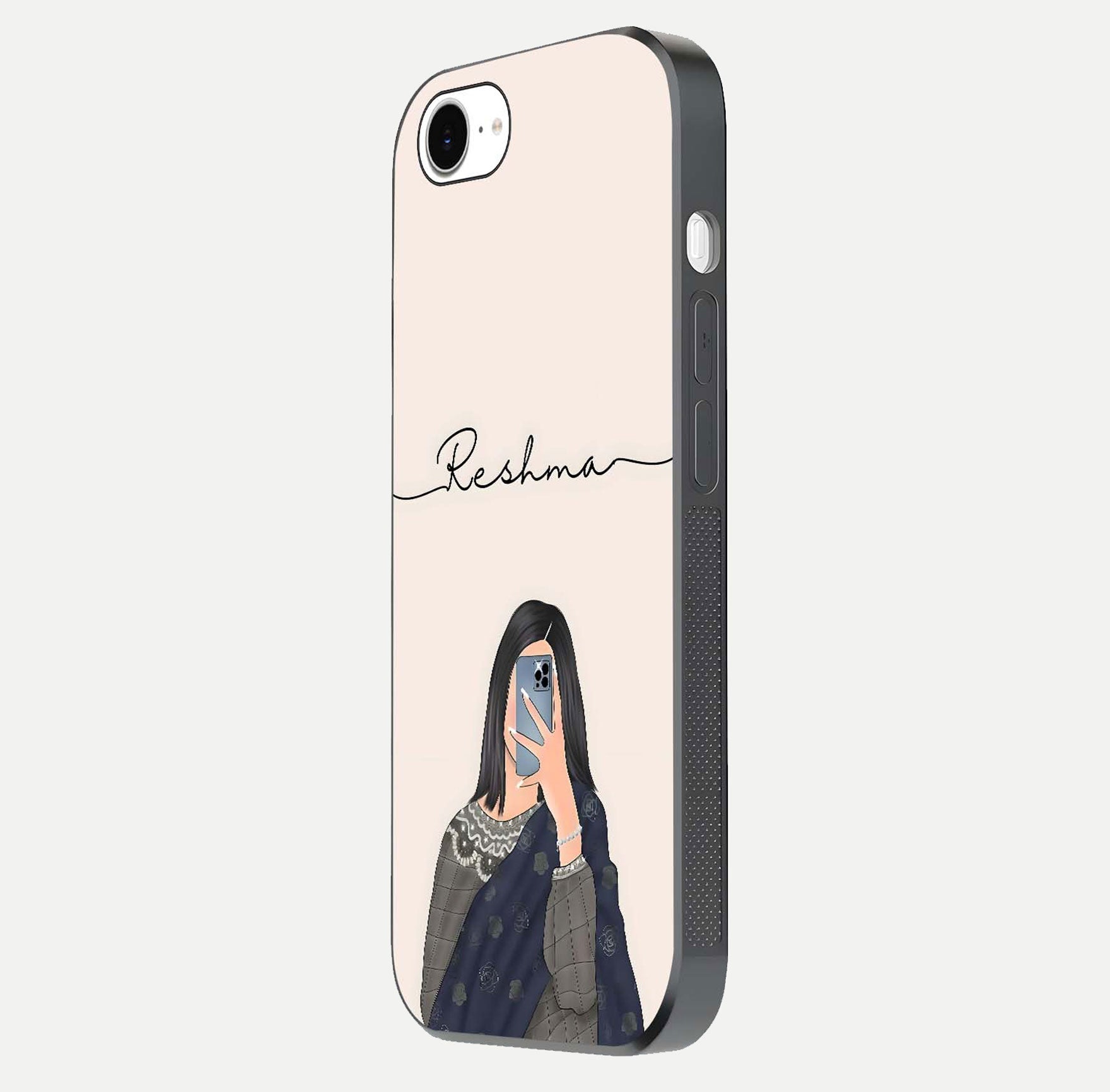 Mirror Mood Muse Custom Name Glass Case for iPhone 16e side-angle image emphasizing glossy mirror texture