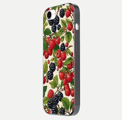 Mixed Berry Collage Glass Case for iPhone 16e side-angle image showing reflection and HD fruit texture