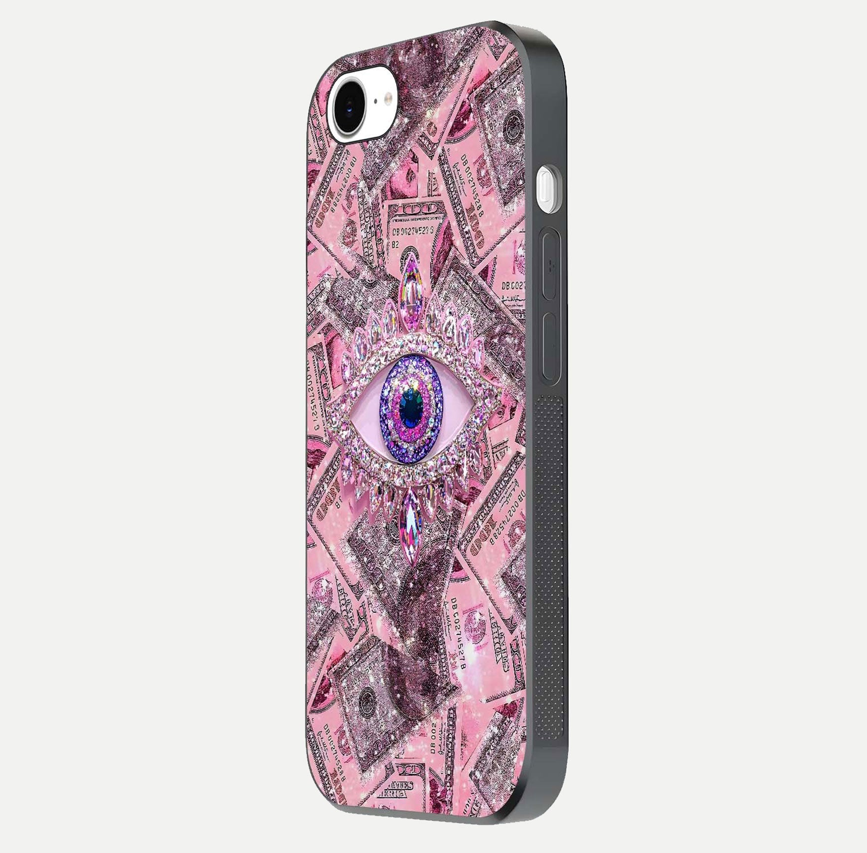Money Eye Luxe Glass Case for iPhone 16e side-angle image showing HD reflection and luxury print clarity