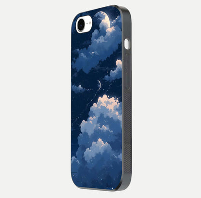 Moon Dream Haze Glass Case for iPhone 16e side-angle image showing HD reflection and moonlight detailing