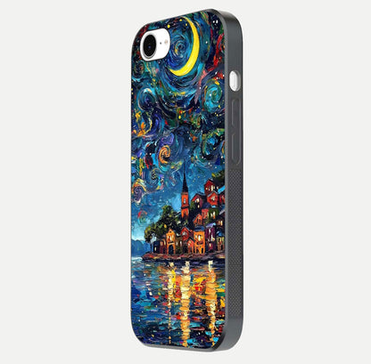 Moonlight Harbor Glow Glass Case for iPhone 16e side-angle image showing reflective surface and ocean tones