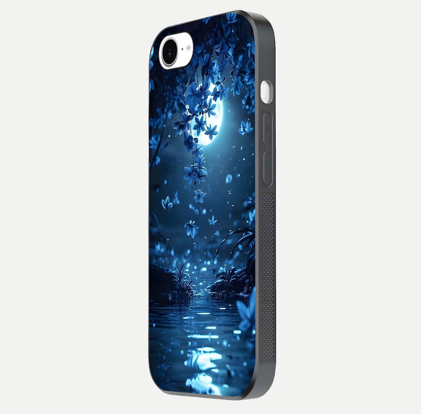 Moonlight Petal Dream Glass Case for iPhone 16e side-angle image showing reflection and petal detail