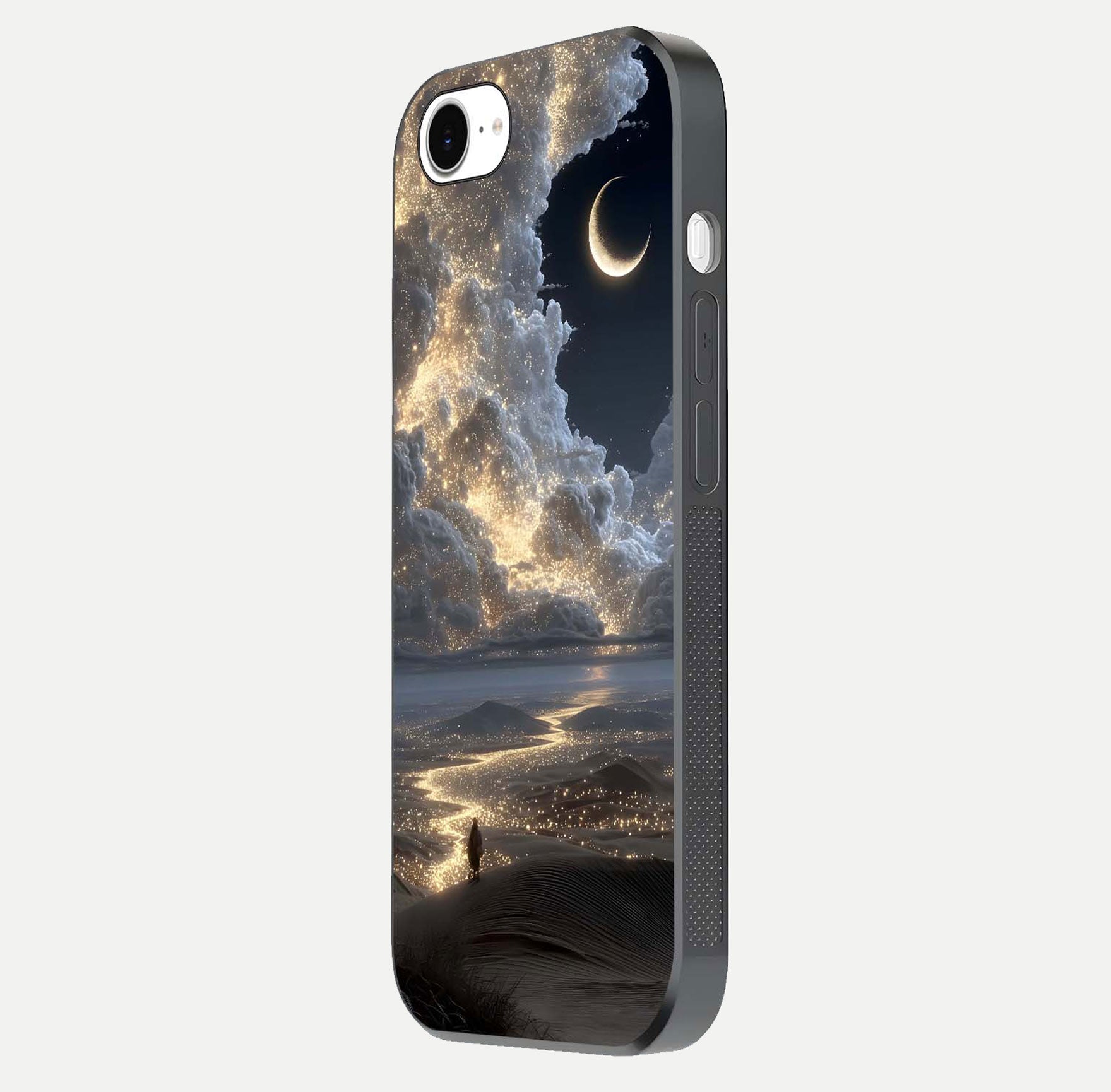 Moonlight Spark Path Glass Case for iPhone 16e side-angle image showing reflection and moonlit detail