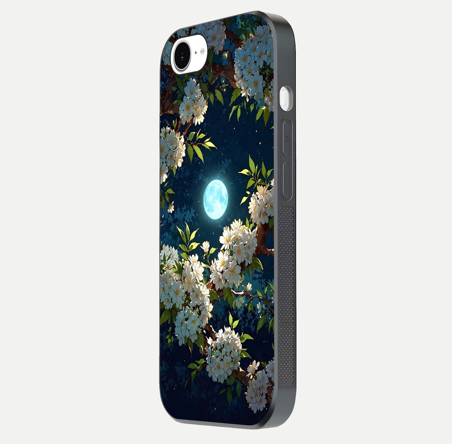 Moonlit Blossom Dream Glass Case for iPhone 16e side-angle image showing shine depth and flower glow