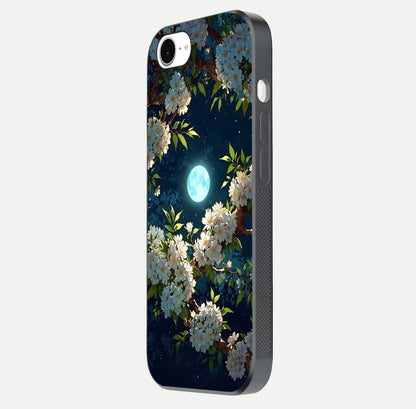 Moonlit Blossom Dream Glass Case for iPhone 16e side-angle image showing shine depth and flower glow