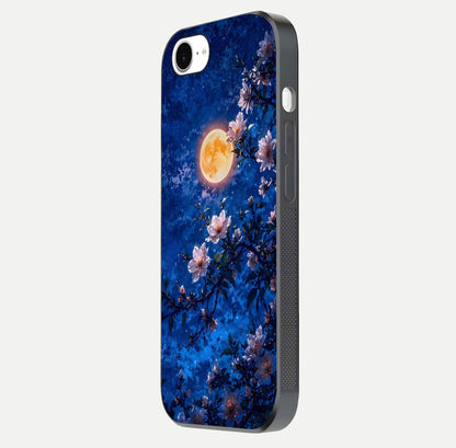 Moonlit Blossoms Night Glass Case for iPhone 16e side-angle image revealing shine and night bloom texture