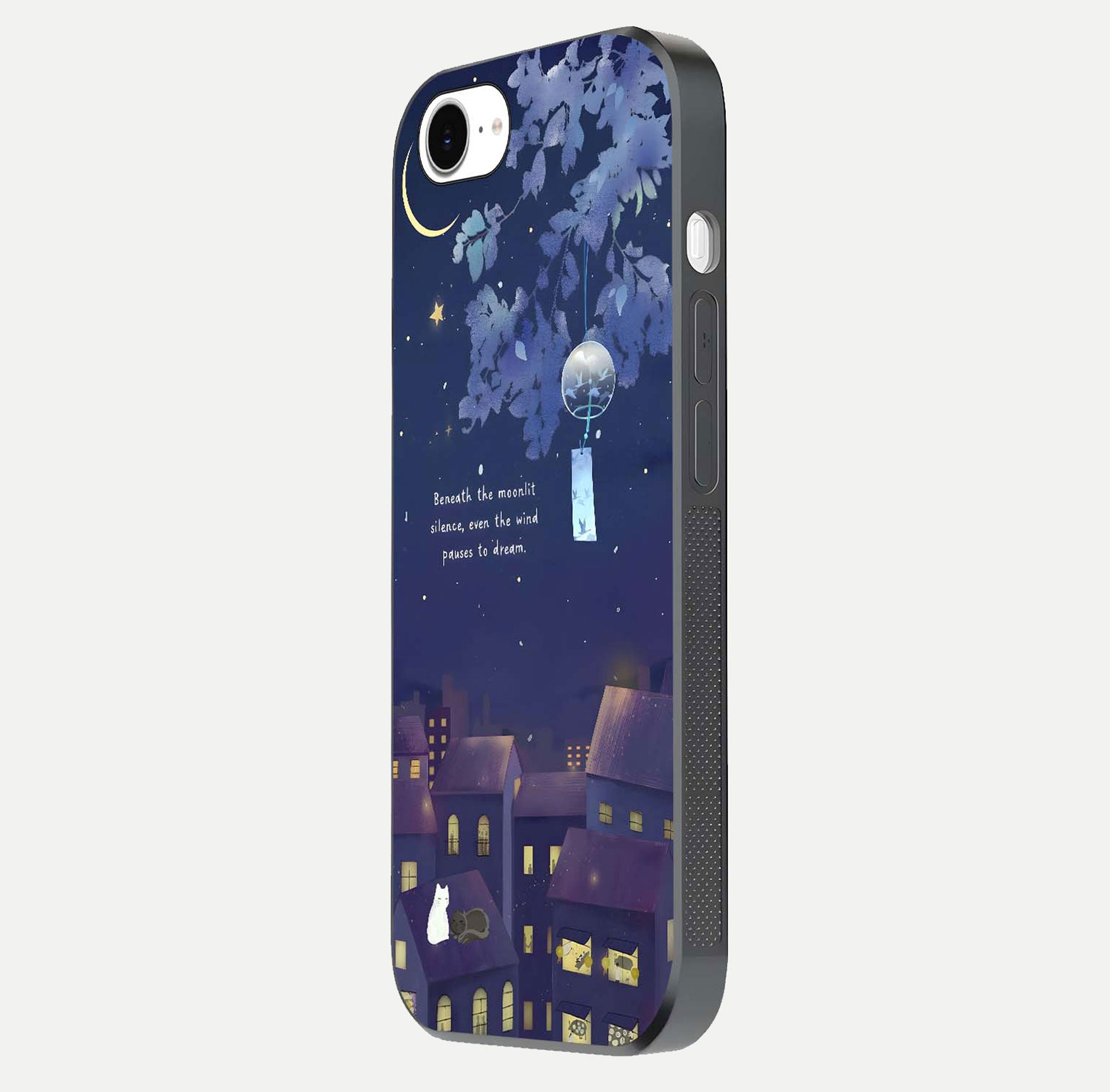 Moonlit Cat Silence Glass Case for iPhone 16e side-angle image showing HD gloss and feline artwork detail