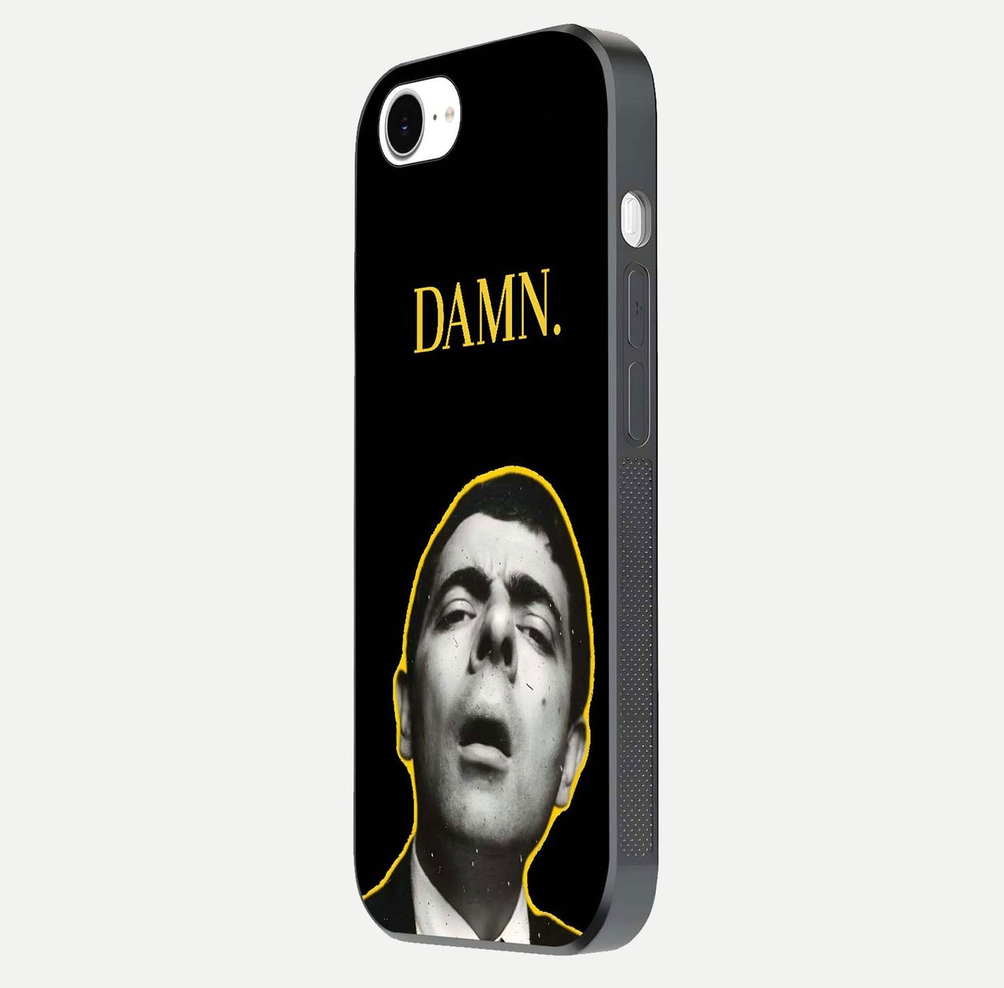 Mr Bean Damn Glass Case for iPhone 16e side-angle image emphasizing HD print clarity and playful theme