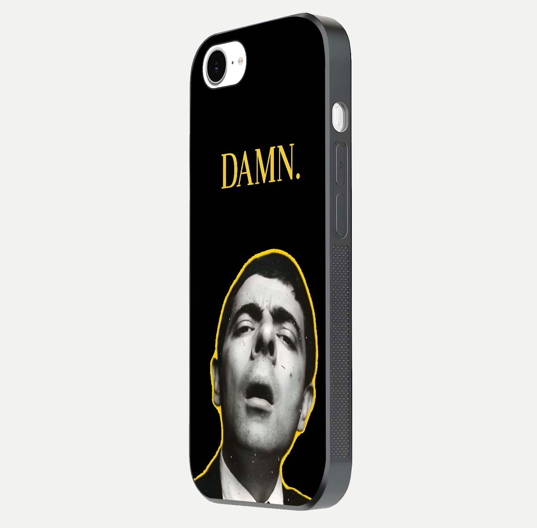 Mr Bean Damn Glass Case for iPhone 16e side-angle image emphasizing HD print clarity and playful theme