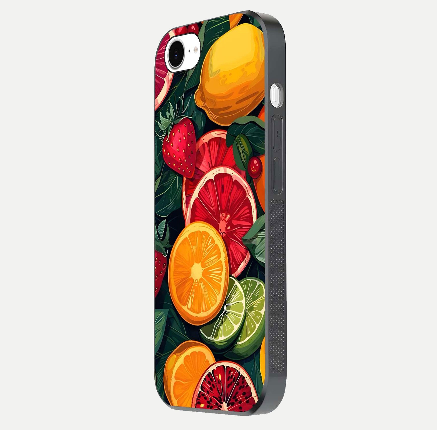 Multiple Fruits Glass Case for iPhone 16e side-angle image showing glossy surface and vivid fruit pattern