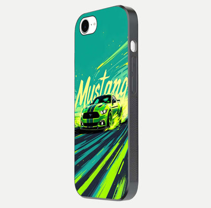 Mustang Bang Glass Case for iPhone 16e side-angle image showing reflection clarity and bold car artwork
