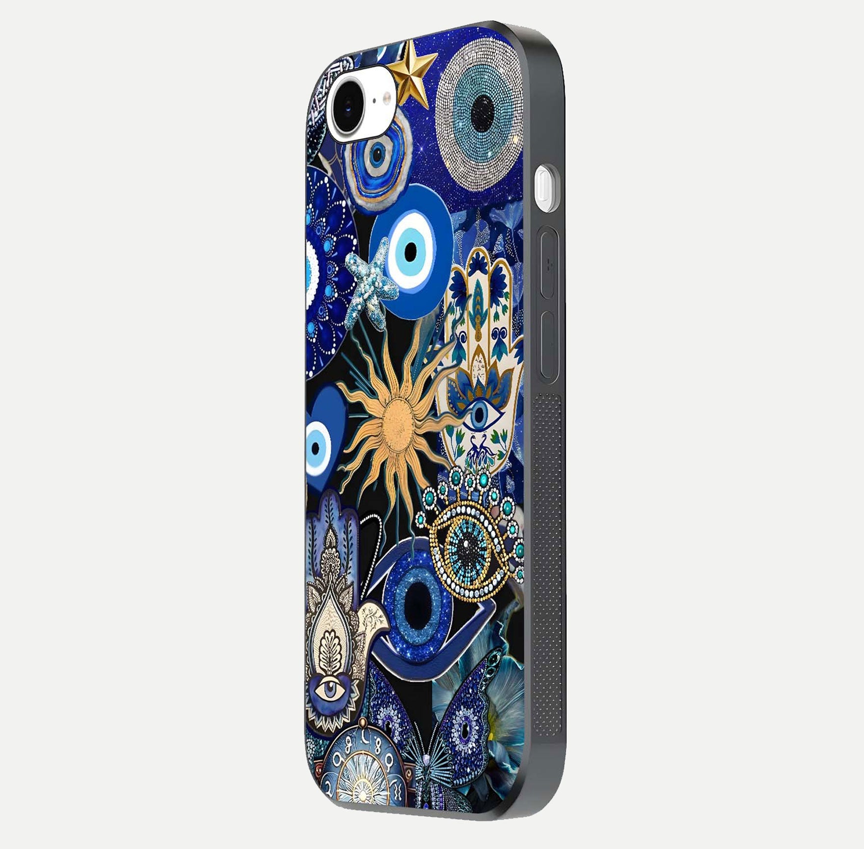 Mystic Blue Evil Eye Glass Case for iPhone 16e side-angle image showing smooth gloss and charm design