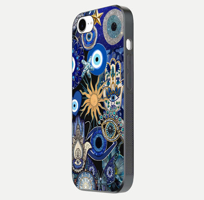 Mystic Blue Evil Eye Glass Case for iPhone 16e side-angle image showing smooth gloss and charm design
