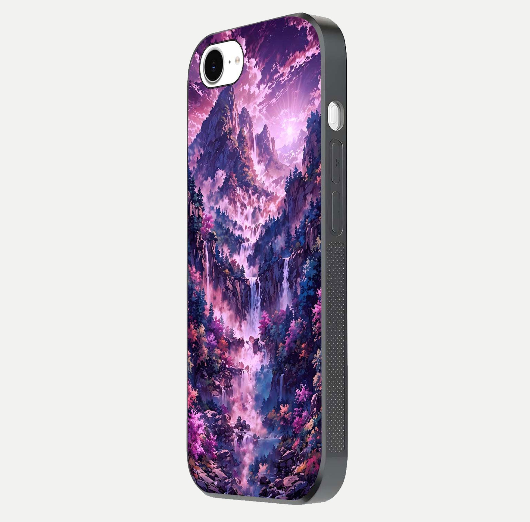 Mystic Cascade Peaks Glass Case for iPhone 16e side-angle image showing reflection and scenic art clarity