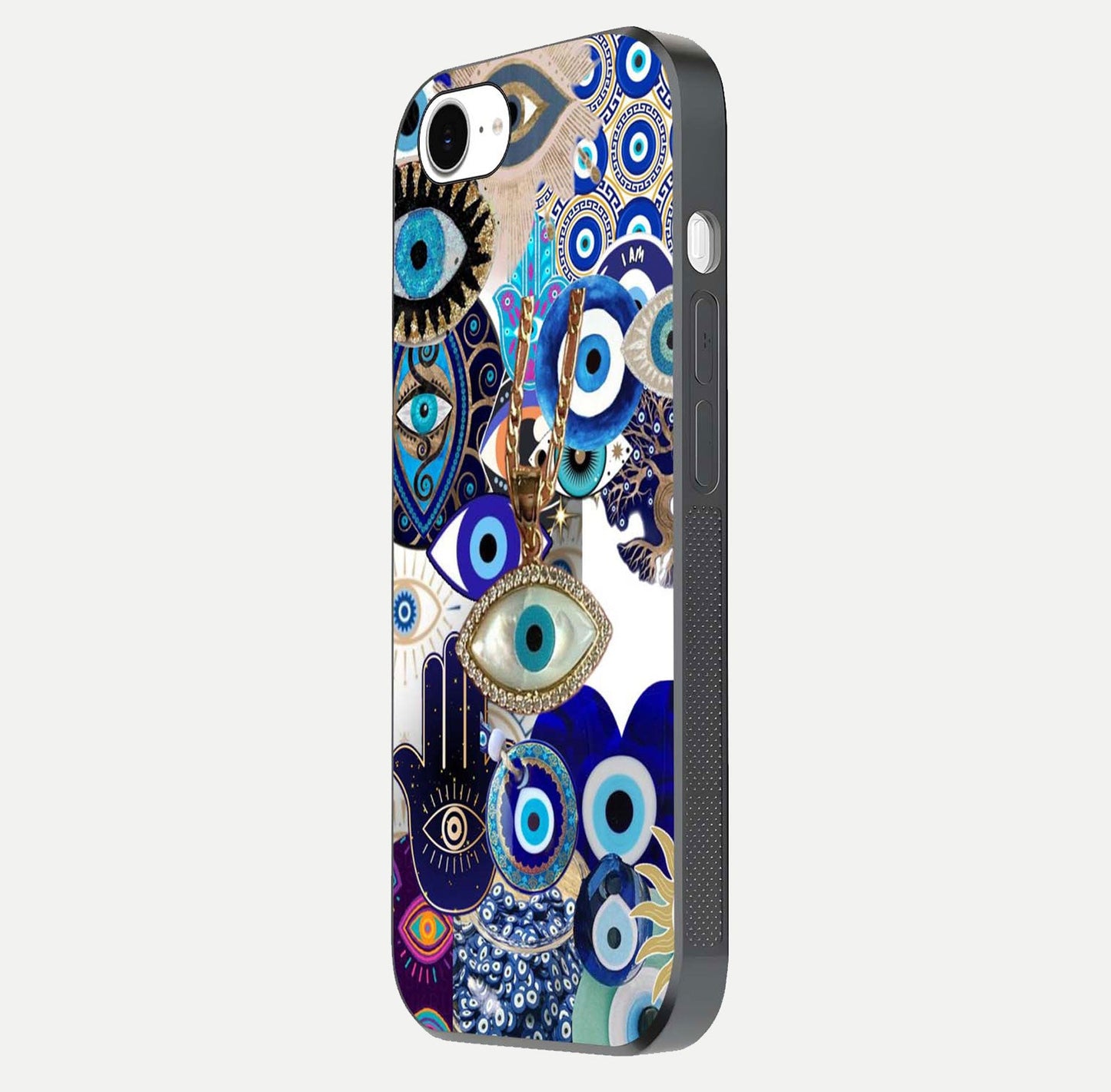 Mystic Charm Eye Glass Case for iPhone 16e side-angle image showing HD reflection and sacred tone