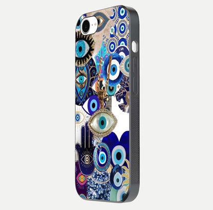 Mystic Charm Eye Glass Case for iPhone 16e side-angle image showing HD reflection and sacred tone