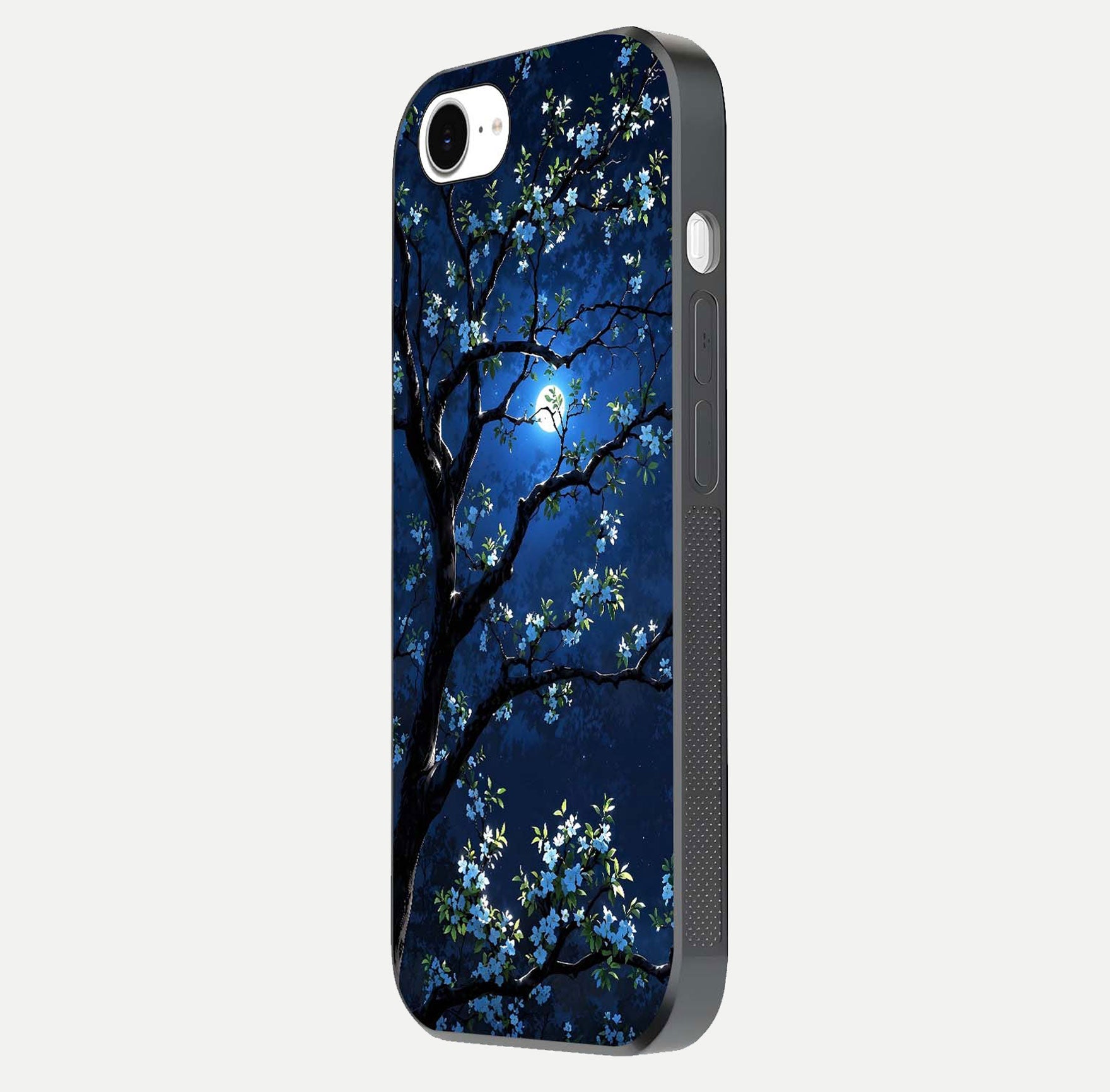 Mystic Floral Night Glass Case for iPhone 16e side-angle image showing gloss surface and midnight floral tones