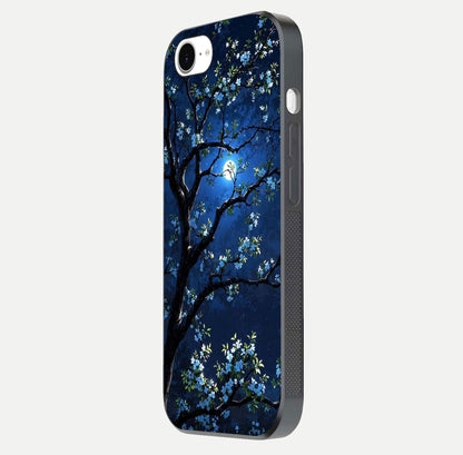 Mystic Floral Night Glass Case for iPhone 16e side-angle image showing gloss surface and midnight floral tones