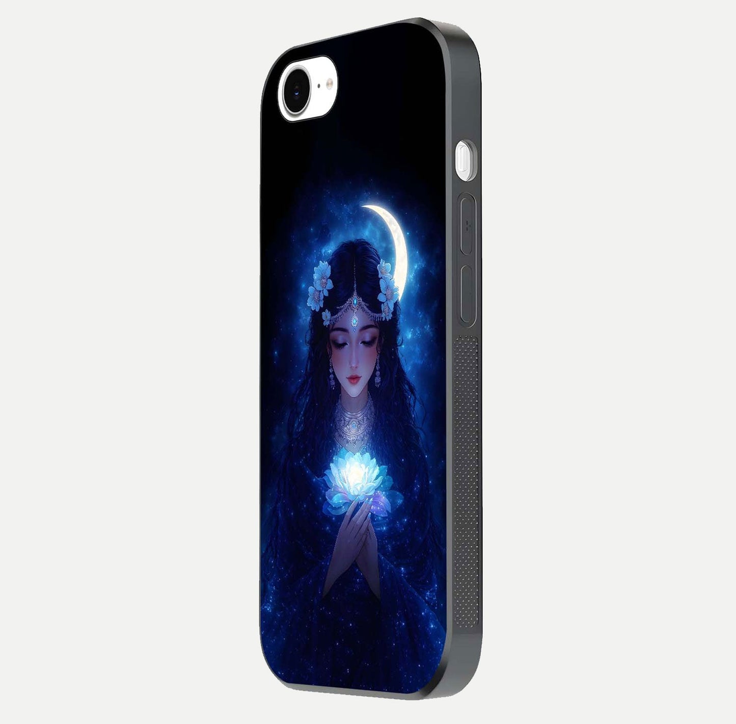 Mystic Moon Queen Glass Case for iPhone 16e side-angle image showing reflection and celestial details