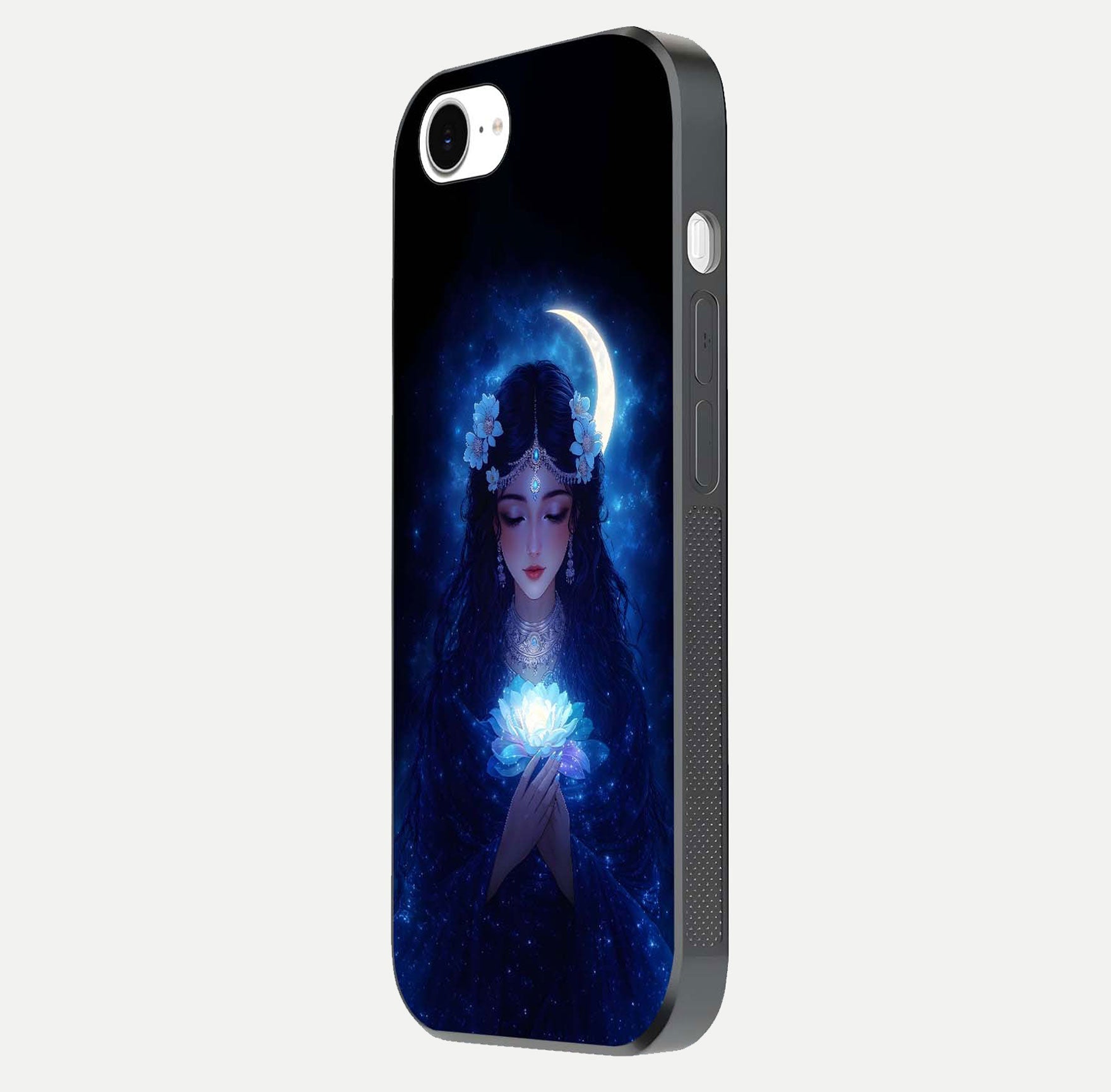 Mystic Moon Queen Glass Case for iPhone 16e side-angle image showing reflection and celestial details