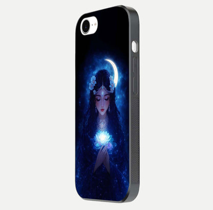 Mystic Moon Queen Glass Case for iPhone 16e side-angle image showing reflection and celestial details