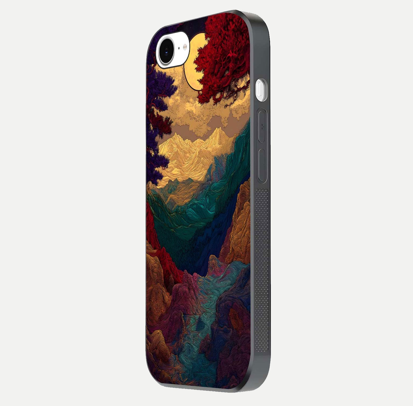 Mystic Valley Light Glass Case for iPhone 16e side-angle image showing shine and peaceful hues
