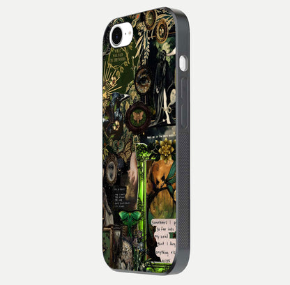 Mystic Woods Secret Glass Case for iPhone 16e side-angle image showing gloss reflection and forest pattern