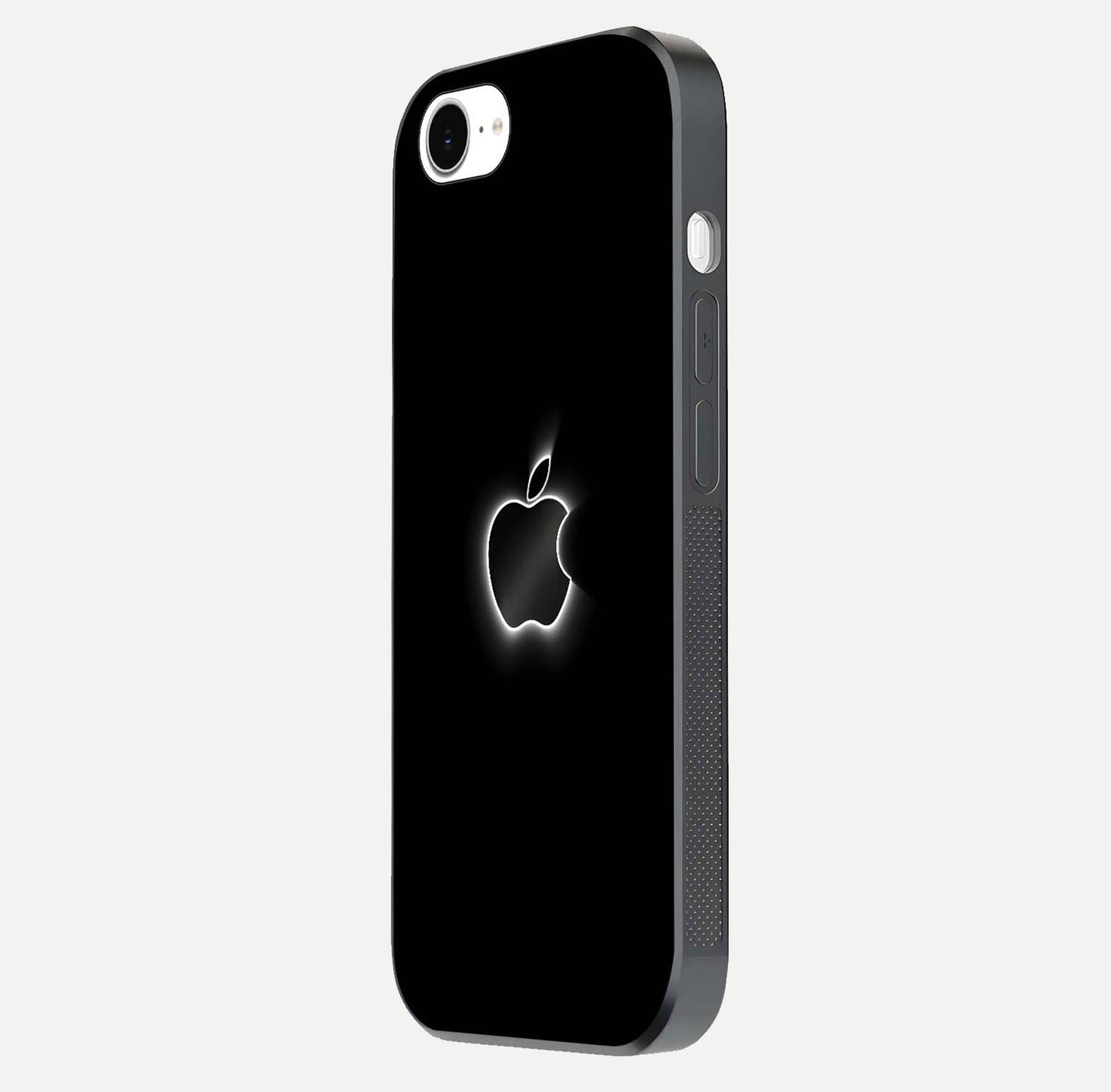 Neon Apple Glow Glass Case for iPhone 16e side-angle image showing light reflection and glow effect